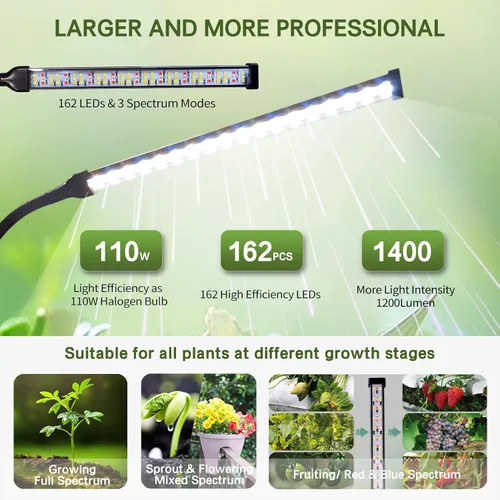 Miniatura 3 de Luces de cultivo profesionales para plantas de interior, espectro completo 2026 Upgrade,162 LEDs, Height Adjustable 13-38", 3 Spectrum Modes,10