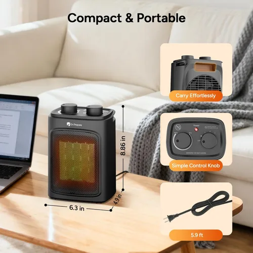 Miniatura 5 de DR.PREPARE Calentador de espacio pequeño de 1500 W para uso en interiores, calentador eléctrico de cerámica PTC portátil con termostato, protección