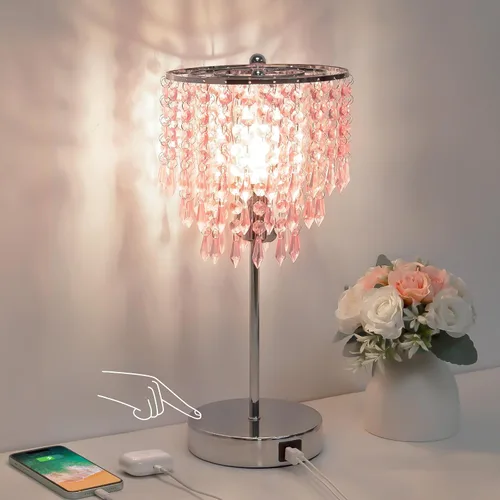 Miniatura 9 de Lámpara de mesa de cristal con control táctil, lámparas de mesita de noche con doble USB para dormitorio, lámpara de mesita de noche regulable de 3