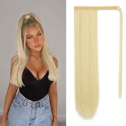 Miniatura 17 de BARSDAR Extensión de cola de caballo de 28 pulgadas largo recto envoltura alrededor del clip en pelo de fibra sintética para mujeres, negro