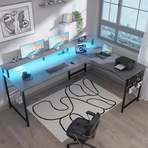 Miniatura 2 de Pamray Escritorio para juegos en forma de L de 64 pulgadas con tomas de corriente y luces LED, escritorio de esquina grande para computadora