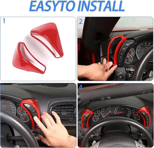 Miniatura 5 de Cubierta de botón de salpicadero Compatible con Chevy Corvette C6 2005-2013, marco de borde del velocímetro Cubierta de ribete de accesorios Rojo