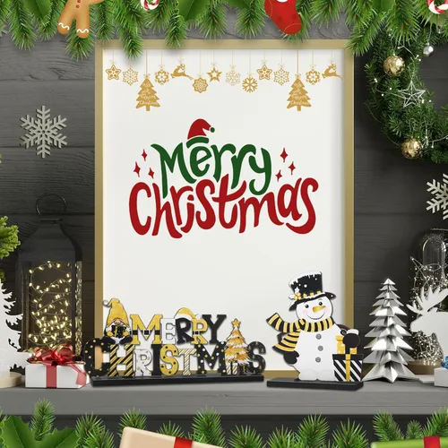Miniatura 6 de Capoda 6 piezas de decoración de mesa de Navidad, centros de mesa de Navidad de madera, muñeco de nieve, Papá Noel, gnomo, letreros de Feliz