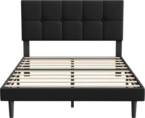 Miniatura 6 de Base de cama de plataforma de terciopelo de tamaño matrimonial con cabecera tapizada y soporte de listones resistentes, diseño con botones,