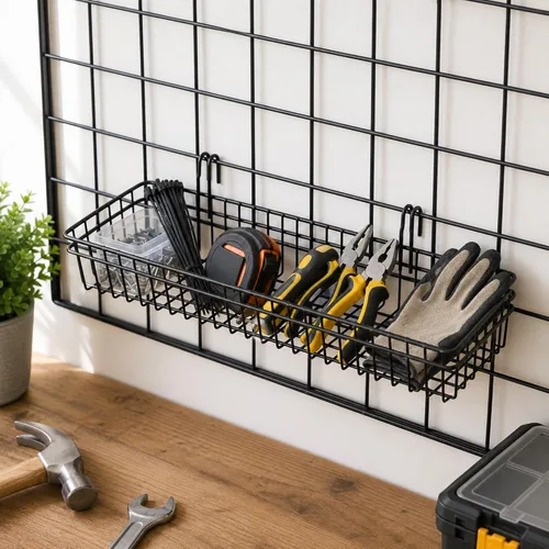 Miniatura 7 de ANZOME Paquete de 4 cestas de pared de rejilla y accesorios de rejilla – Contenedores de almacenamiento colgantes de malla de alambre de metal negro