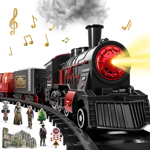 Conjunto de Tren para Niños Pequeños de 2-4 años, Trenes Eléctricos con Vía, Humo, Luz, Sonido y Escena, Conjuntos de Tren de Navidad para Alrededor