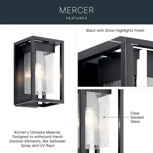 Miniatura 3 de Kichler Mercer 59060BSL - Lámpara de pared para exteriores de 12 pulgadas en color negro, aplique de pared exterior de 1 luz con vidrio transparente