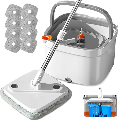 Miniatura 12 de Juego de trapeador giratorio y cubo con sistema de agua limpia y sucia de separación automática, cabezal de trapeador cuadrado giratorio de 360°