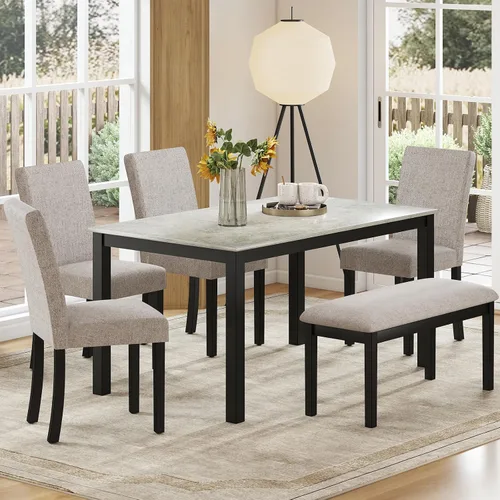 Miniatura 15 de Zevemomo Juego de mesa de comedor de madera maciza de 6 piezas, incluye 1 mesa de comedor, 4 sillas tapizadas y 1 banco, juego de mesa de comedor