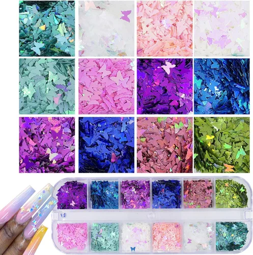 Miniatura 2 de AddFavor 4 cajas holográficas de lentejuelas para uñas, formas mixtas iridiscentes con purpurina para uñas, copos de mariposa, corazones, estrella