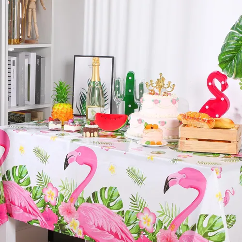Miniatura 3 de Preboun 3 manteles de verano con diseño de flamenco para fiestas, mantel de plástico tropical hawaiano, 54 x 108 pulgadas, decoración de mesa rosa