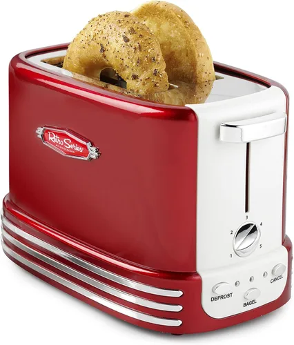 Nostalgia Tostadora ancha retro de 2 rebanadas, diseño vintage con bandeja para migas, almacenamiento de cables y 5 niveles de tostado, rojo