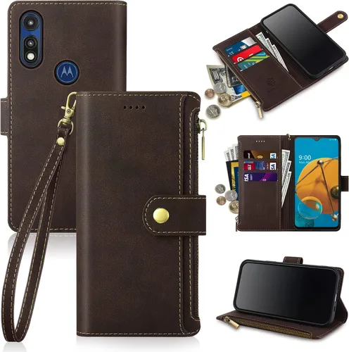 Antsturdy Compatible con Motorola Moto E 2020 Funda tipo cartera con bloqueo RFID, de piel sintética, con correa para la muñeca, cremallera y
