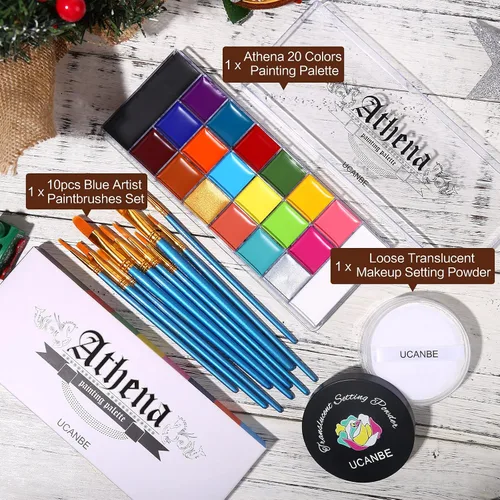 Miniatura 2 de UCANBE Athena - Paleta de aceite de pintura facial y cuerpo + polvo de ajuste translúcido + juego de 10 pinceles, kit profesional no tóxico
