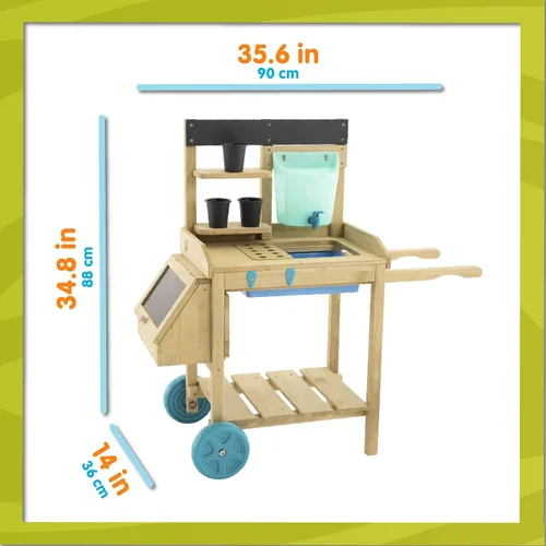 Miniatura 3 de TP Toys - Banco de macetas para niños, mesa de jardinería de madera para exteriores con ruedas, fregadero y grifo, estantes de almacenamiento