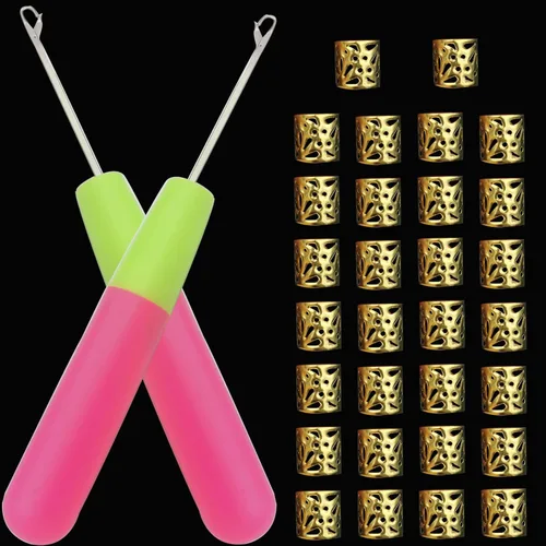 30 puños dorados para el cabello + 2 piezas de ganchillo para trenzas de ganchillo, joyería Loc para mujeres negras