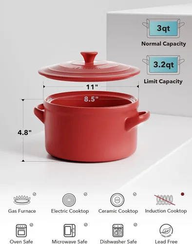 Miniatura 5 de LE TAUCI Horno holandés de cerámica de 3 cuartos - Ligero, no tóxico, no necesita curado - Apto para horno, microondas y lavavajillas, olla Rojo