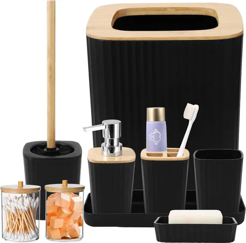 Miniatura 37 de XLHOMO - Juego de baño beige de plástico de 9 piezas, con basurero, dispensador de jabón, portacepillos de dientes, vaso, jabonera, cepillo