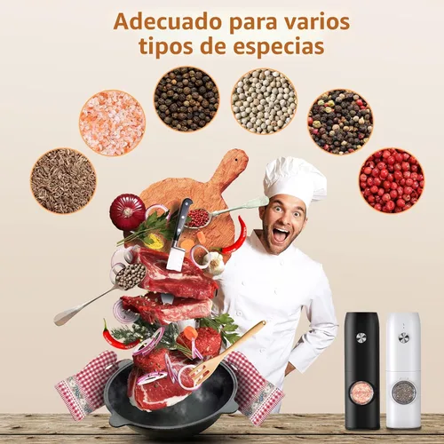 Miniatura 6 de Juego de molinillo eléctrico de sal y pimienta, salero y pimentero automático recargable, molinillo de pimienta de grosor ajustable con LED