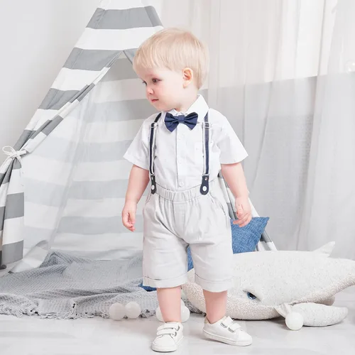 Miniatura 3 de Conjunto de traje de caballero de manga corta para bebé niño con corbatín + pantalones cortos con tirantes y pantalones cortos para bautizo festivo
