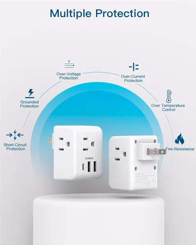 Miniatura 7 de Paquete de 2 adaptadores de enchufe de EE. UU. a Japón, adaptador de enchufe de 2 clavijas a 3 clavijas con 3 salidas de CA, 3 puertos USB