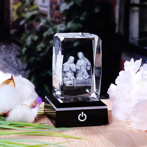 Miniatura 6 de YWHL Figuras de belén de cristal 3D con base colorida grabada con láser, estatuas de la Santa Familia para regalos religiosos para mujeres y hombres