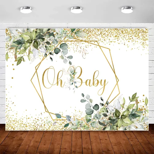 InMemory Greenery Oh Baby Shower - Telón de fondo con purpurina de eucalipto dorado neutro para baby shower, fondo de fotografía de hojas verdes