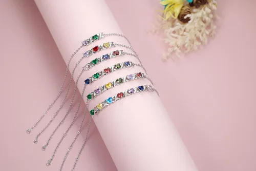 Miniatura 4 de Ashleymade Pulsera personalizada de eslabones de corazón para mujer, pulseras personalizadas de 2 a 7 nombres con piedras de nacimiento simuladas