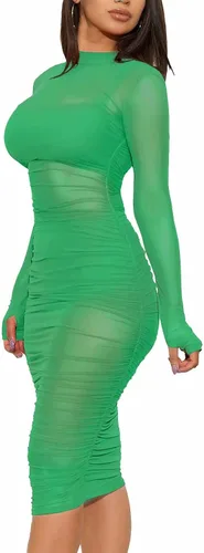 Miniatura 3 de Sprifloral - Vestido largo, sexi y entallado para mujer, diseño de manga larga, cuello alto, colorido, de malla transparente