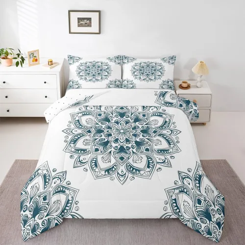 Erosebridal Chic - Juego de edredón de flores tamaño Queen, juego de ropa de cama estética con mandala, juego de edredón gris turquesa, juego de