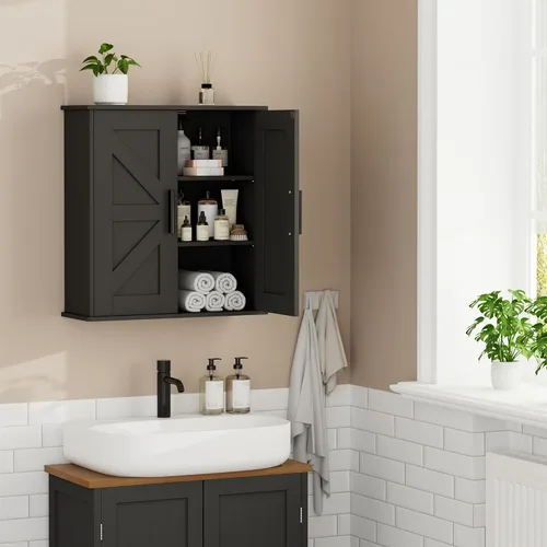 Miniatura 2 de Homleke Armario de pared para baño, armario de almacenamiento sobre inodoro con puertas de granero y estantes ajustables, botiquín de 3 niveles