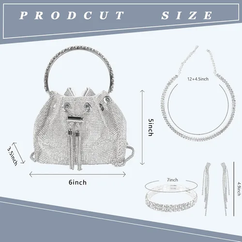 Miniatura 3 de QZUnique Bolso de cubo de diamantes de imitaciónlentejuelas con conjunto de joyas para mujer, bolso de noche plateado brillante con purpurina