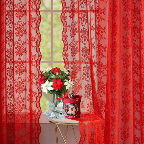Miniatura 6 de Juego de 2 paneles de cortinas traslúcidas rojas de 63 pulgadas de largo, cortinas de encaje de Navidad para dormitorio, tratamientos de ventana
