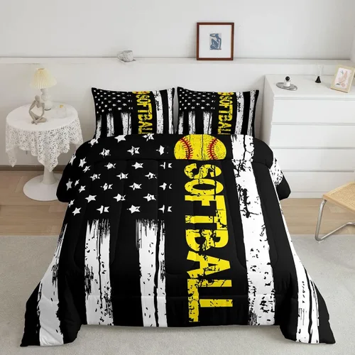 Miniatura 2 de Juego de edredón con bandera de Estados Unidos, juego de ropa de cama de béisbol y sóftbol, tamaño Queen, edredón acolchado con estrellas blancas