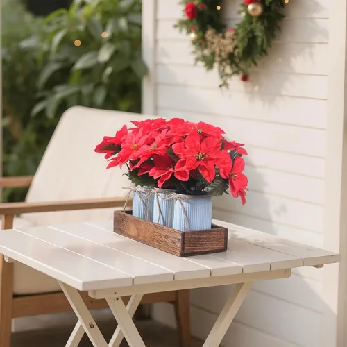 Miniatura 7 de Flores de Pascua Artificiales Decoraciones Navideñas – Paquete de 3 Flores de Pascua Rojas en Macetas de Metal Galvanizado con Caja de Madera