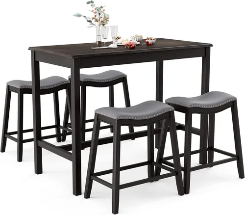 COSTWAY Juego de mesa de comedor de 5 piezas para 4, mesa de desayuno de altura de mostrador y 4 taburetes tapizados, diseño que ahorra espacio,