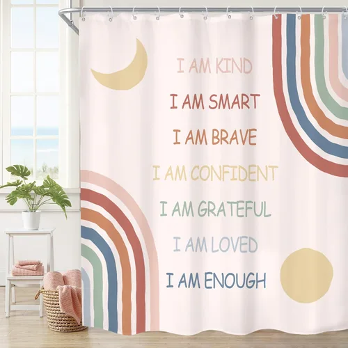 Miniatura 19 de Cortina de ducha infantil boho con arco iris, 60 pulgadas de ancho x 72 pulgadas de alto, citas inspiradoras, abstracto, motivacional, positivo
