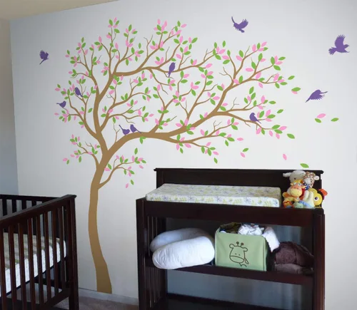 Miniatura 16 de Calcomanías de pared para árbol grande, calcomanías de árbol inclinado con pájaros, mural de vinilo decorativo KW032