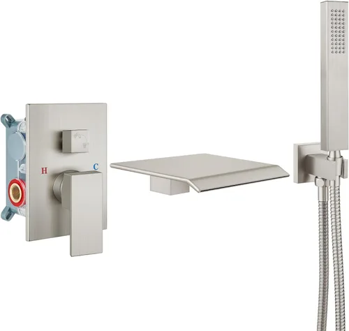 Airuida Grifo de Bañera de Montaje en Pared con Caño de Cascada para Bañera, Grifo de Bañera Montado en Pared con Ducha de Mano de Una Sola Manija,