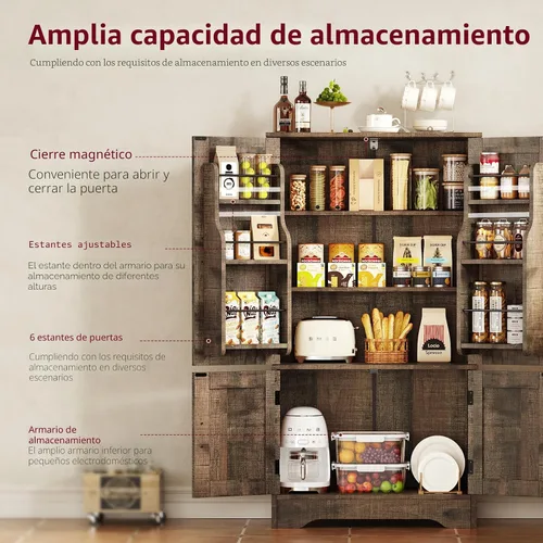 Miniatura 5 de TEENFON Armario de almacenamiento con 4 puertas, armario de cocina de granja de 43.3 pulgadas de alto con 6 estantes de puerta, armarios