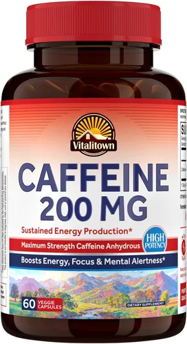 Vitalitown Pastillas de cafeína de 200 mg, suplemento de producción de energía sostenida, sin choques ni nerviosismo, alerta y claridad sin