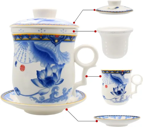 Miniatura 11 de Taza de té de porcelana con tapa de infusor y juegos de platillos – Taza de café de cerámica china Jingdezhen Taza de té de hoja suelta Sistema