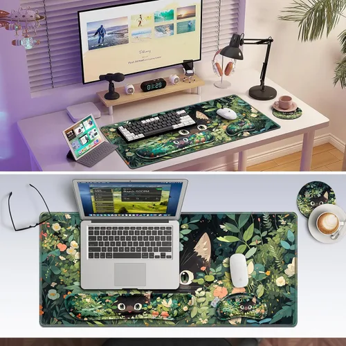 Miniatura 7 de Canjoy Lindo juego de alfombrillas de ratón de gatos negros, 4 en 1 alfombrilla de ratón de anime Kawaii + soporte para reposamuñecas para teclado +