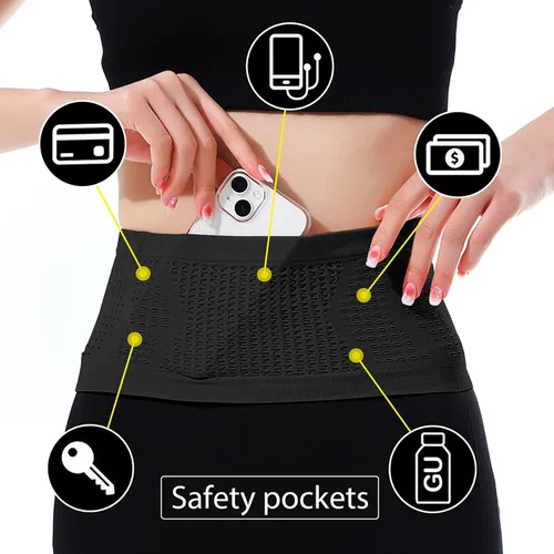 Miniatura 5 de Adorila Cinturón delgado para correr, cintura oculta sin rebote con apertura de 360° para frascos suaves, teléfonos celulares, llaves o geles, Negro