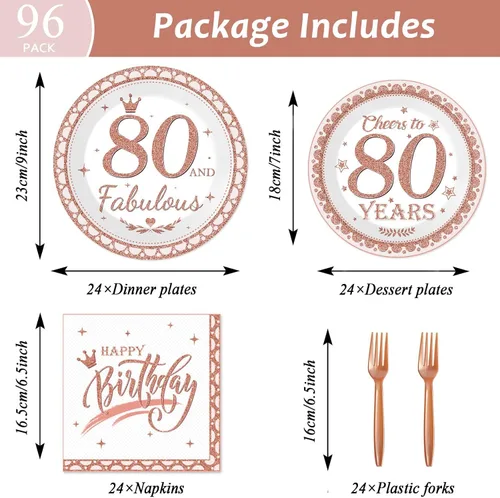 Miniatura 2 de Decoraciones de cumpleaños número 80 para mujeres, platos y servilletas de cumpleaños 80, suministros de fiesta de oro rosa, suministros de fiesta