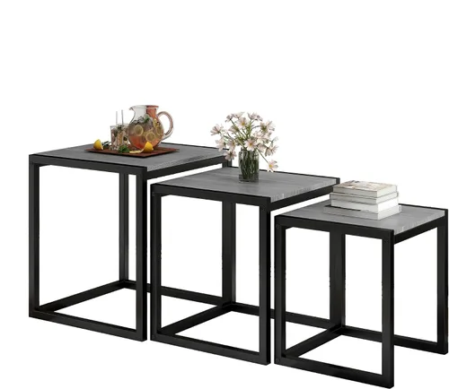 Miniatura 7 de Juego de 3 mesas auxiliares, moderna mesa auxiliar apilable con marco de metal, color negro