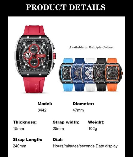 Miniatura 6 de Relojes cronógrafo de lujo para hombre correa de goma clásico impermeable fecha analógico reloj de cuarzo