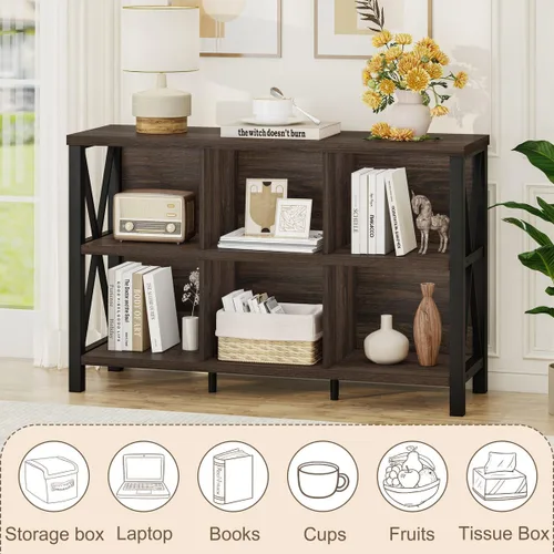 Miniatura 3 de FATORRI Organizador de almacenamiento de 6 cubos con estante, estantería horizontal corta para sala de estar, estantería de madera y metal, estante