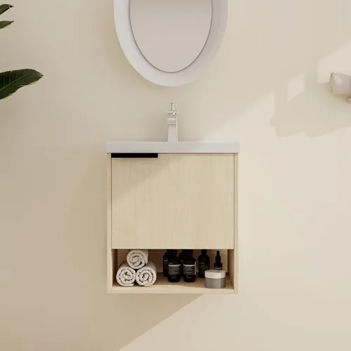 Miniatura 13 de Malwee Tocador de baño flotante de 18 pulgadas con lavabo, Tocador de baño de lavabo individual de 18 pulgadas montado en la pared, con 1 puerta