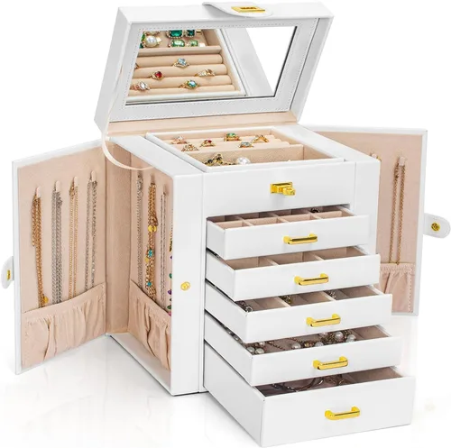 AKOZLIN Organizador funcional de joyería de 6 niveles con 5 cajones, estuche de almacenamiento de joyas de cuero para mujeres y niñas, anillo